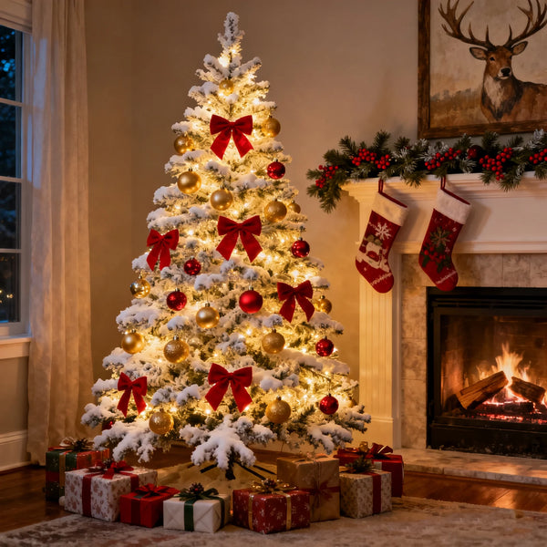 DAYBETTER  Artificial Christmas Tree, Snow Flocked Christmas Pine Tree, with 210 Warm White Lights, 627 White Tips Branch, Includes Metal Stand for Xmas Holiday, Indoor and Outdoor Decor