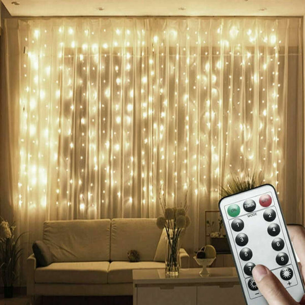 Curtain Light 9.8ft*9.8ft Warm White 300 LED USB Powered 8 Lighting Modes Remote Control