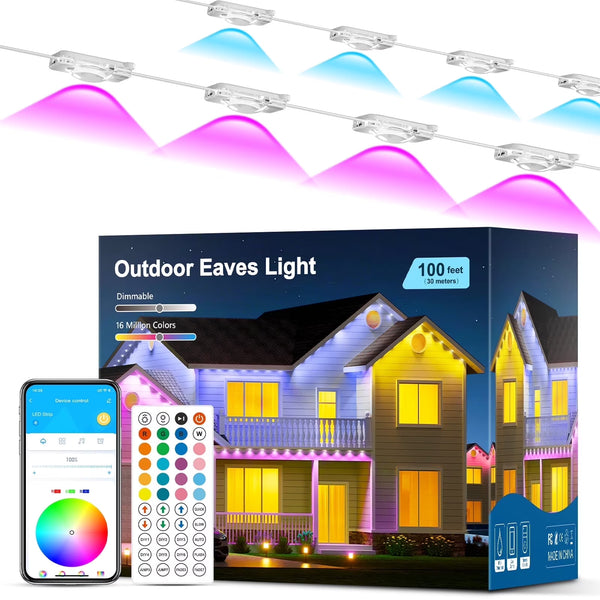 DAYBETTER 100ft Permanent Outdoor Lights, RGB Eaves String Lights with 50LED, Remote/APP Control, IP65 Waterproof, for Garden Halloween Christmas Party Decorations
