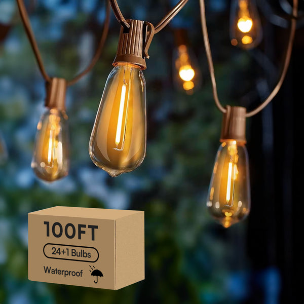 DAYBETTER 100ft Solar Outdoor String Lights, ST38 LED with 24 Edison Bulbs